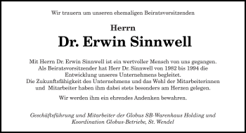 Traueranzeige von Erwin Sinnwell von saarbruecker_zeitung