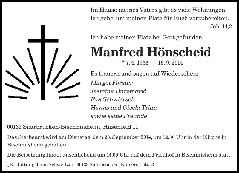  Traueranzeige für Manfred Hönscheid vom 20.09.2014 aus saarbruecker_zeitung