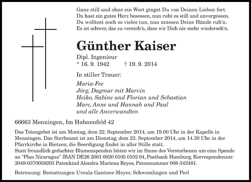  Traueranzeige für Günther Kaiser vom 20.09.2014 aus saarbruecker_zeitung