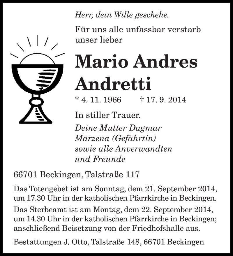  Traueranzeige für Mario Andres Andretti vom 20.09.2014 aus saarbruecker_zeitung