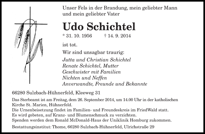  Traueranzeige für Udo Schichtel vom 20.09.2014 aus saarbruecker_zeitung