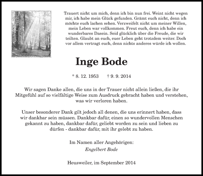  Traueranzeige für Inge Bode vom 24.09.2014 aus saarbruecker_zeitung
