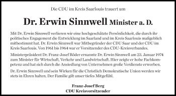 Traueranzeige von Erwin Sinnwell von saarbruecker_zeitung