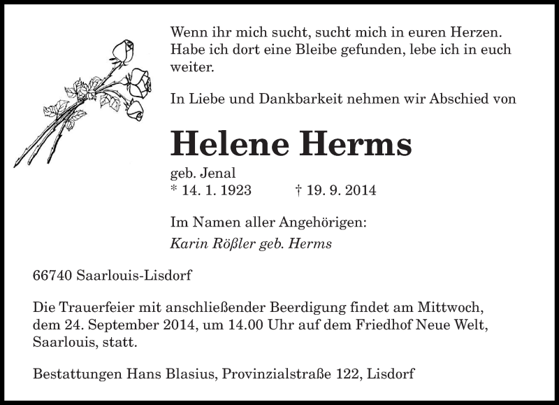  Traueranzeige für Helene Herms vom 23.09.2014 aus saarbruecker_zeitung