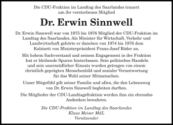 Traueranzeige von Erwin Sinnwell von saarbruecker_zeitung