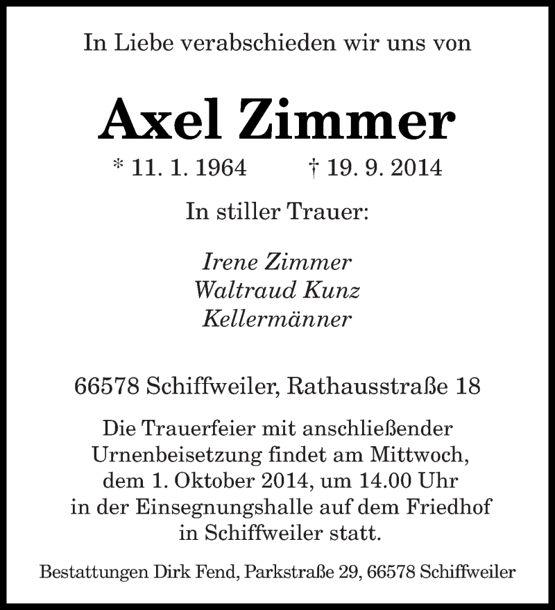  Traueranzeige für Axel Zimmer vom 29.09.2014 aus saarbruecker_zeitung