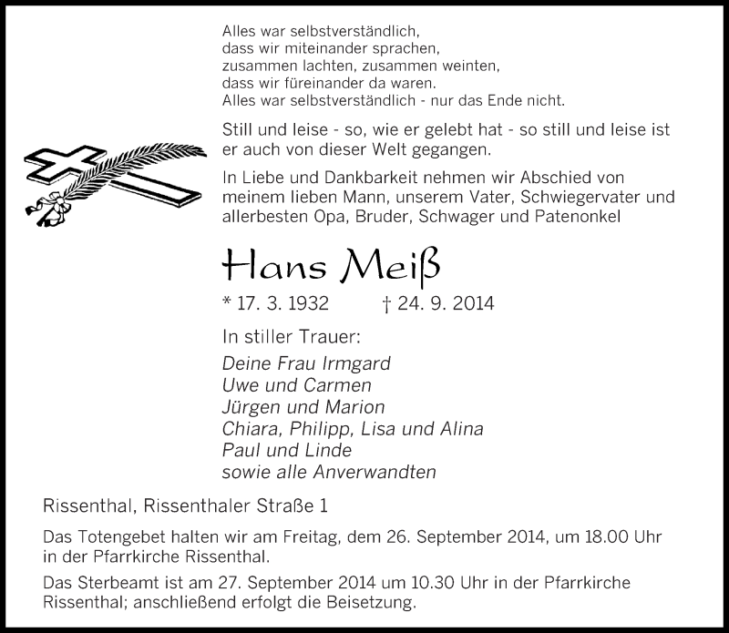  Traueranzeige für Hans Meiß vom 26.09.2014 aus saarbruecker_zeitung