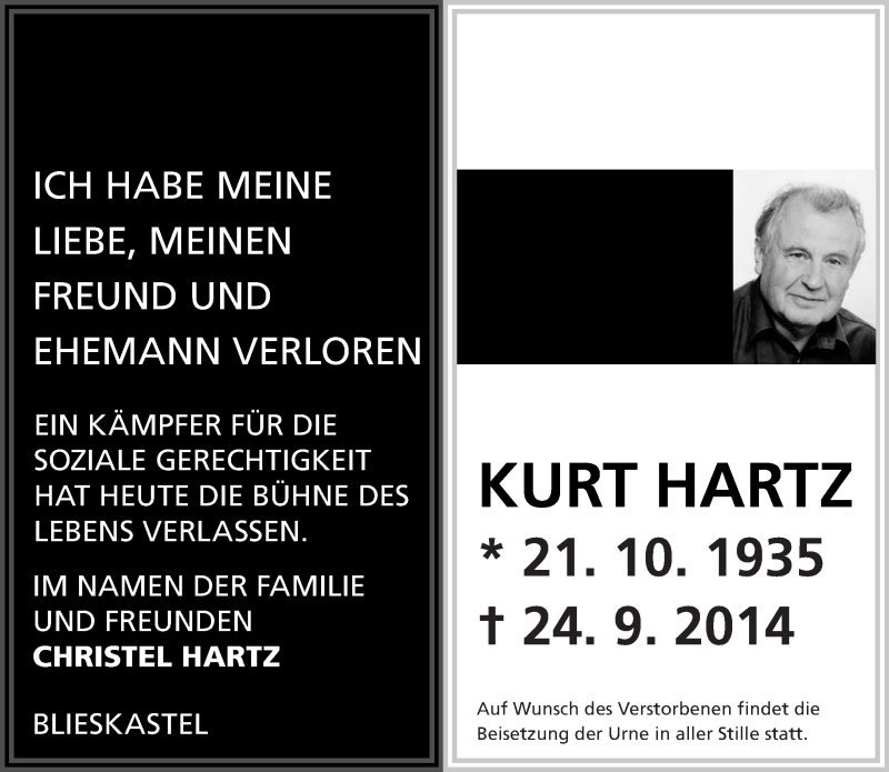  Traueranzeige für Kurt Hartz vom 27.09.2014 aus saarbruecker_zeitung