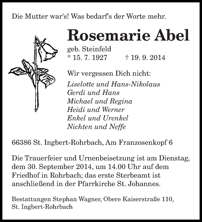  Traueranzeige für Rosemarie Abel vom 27.09.2014 aus saarbruecker_zeitung