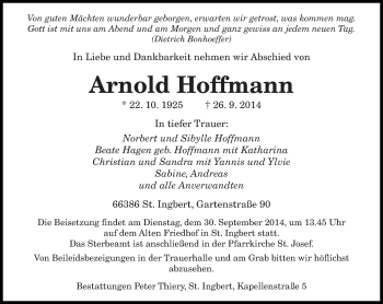 Traueranzeige von Arnold Hoffmann von saarbruecker_zeitung