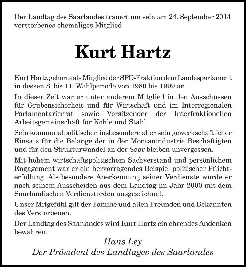  Traueranzeige für Kurt Hartz vom 27.09.2014 aus saarbruecker_zeitung