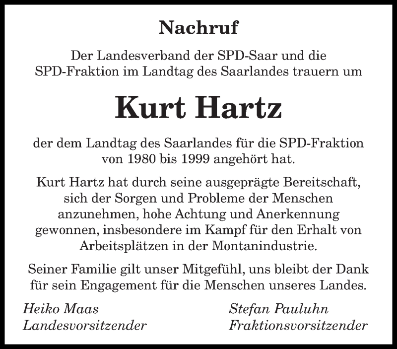  Traueranzeige für Kurt Hartz vom 29.09.2014 aus saarbruecker_zeitung