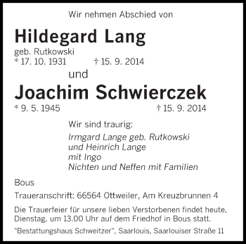 Traueranzeige von Hildegard und Joachim Lang und Schwierczek von saarbruecker_zeitung
