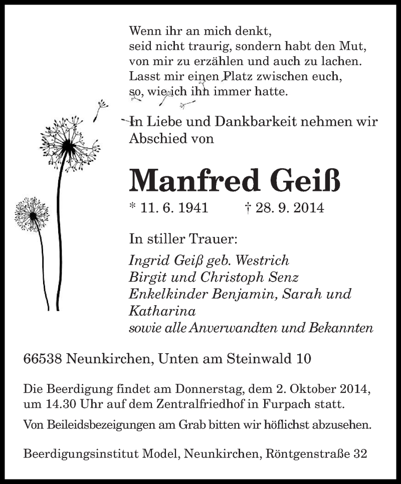  Traueranzeige für Manfred Geiß vom 01.10.2014 aus saarbruecker_zeitung