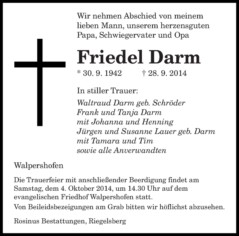  Traueranzeige für Friedel Darm vom 01.10.2014 aus saarbruecker_zeitung