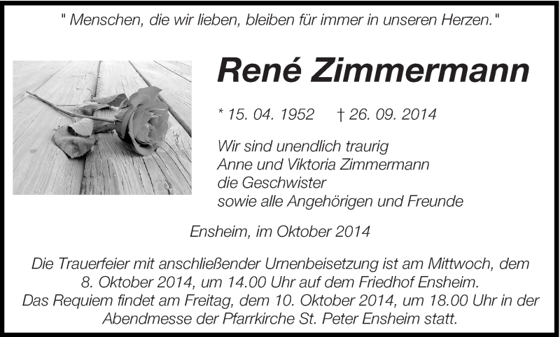  Traueranzeige für René Zimmermann vom 01.10.2014 aus saarbruecker_zeitung