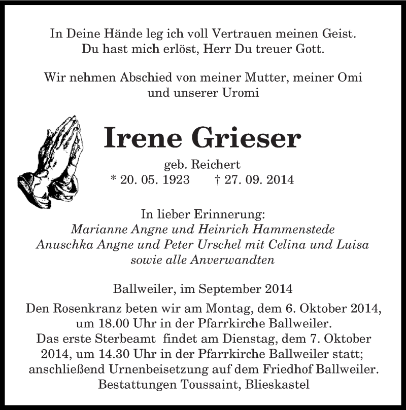  Traueranzeige für Irene Grieser vom 01.10.2014 aus saarbruecker_zeitung