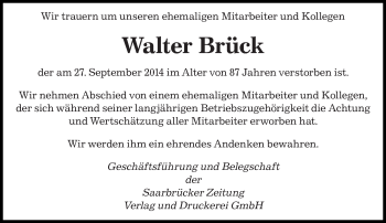 Traueranzeige von Walter Brück von saarbruecker_zeitung