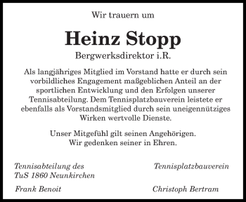 Traueranzeige von Heinz Stopp von saarbruecker_zeitung