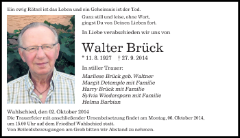 Traueranzeige von Walter Brück von saarbruecker_zeitung