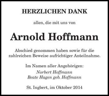 Traueranzeige von Arnold Hoffmann von saarbruecker_zeitung