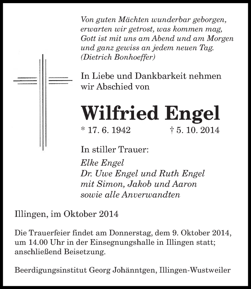  Traueranzeige für Wilfried Engel vom 08.10.2014 aus saarbruecker_zeitung