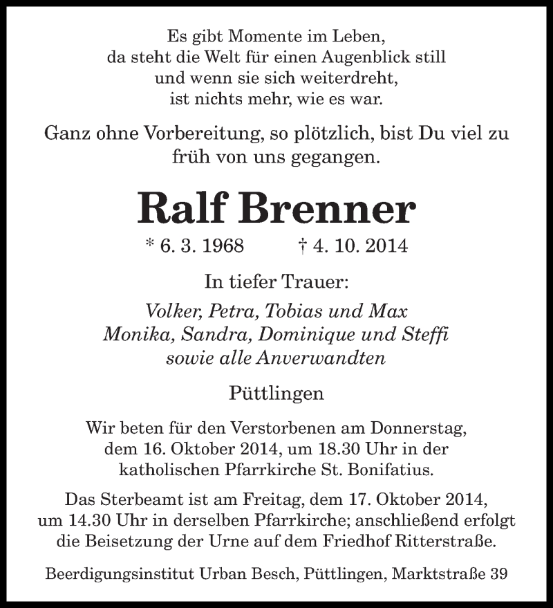  Traueranzeige für Ralf Brenner vom 13.10.2014 aus saarbruecker_zeitung