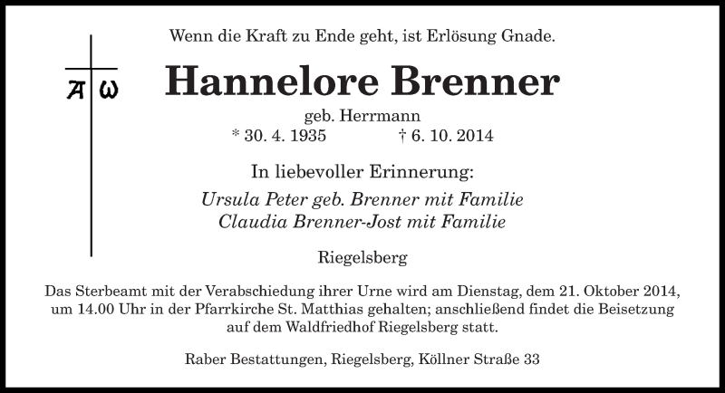  Traueranzeige für Hannelore Brenner vom 15.10.2014 aus saarbruecker_zeitung