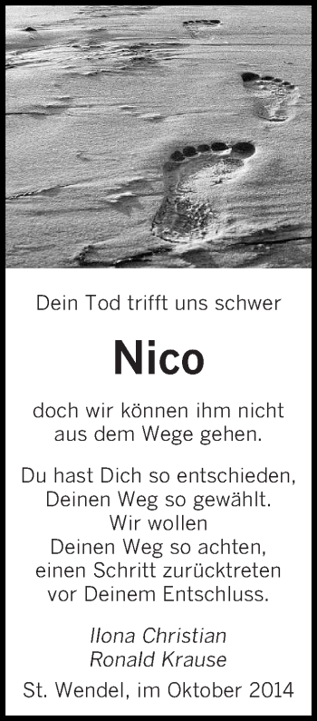 Traueranzeige von Nico  von saarbruecker_zeitung