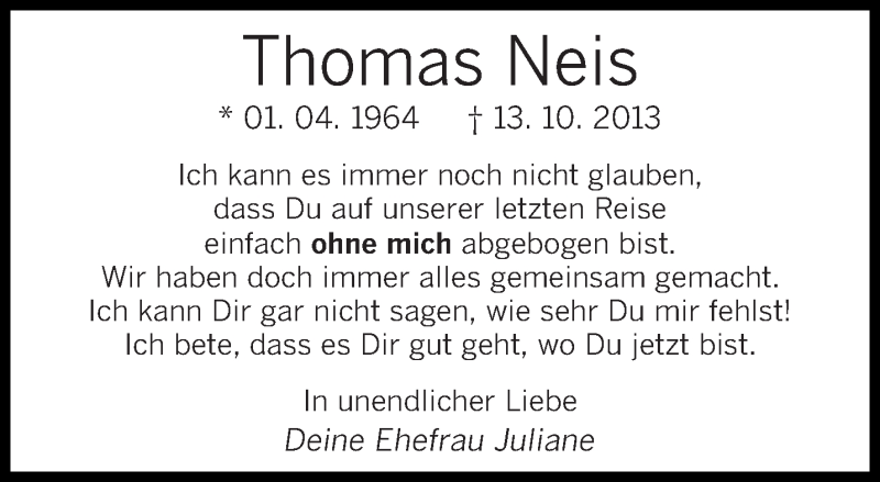  Traueranzeige für Thomas Neis vom 13.10.2014 aus saarbruecker_zeitung