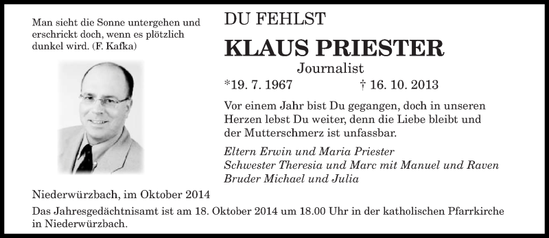  Traueranzeige für Klaus Priester vom 16.10.2014 aus saarbruecker_zeitung