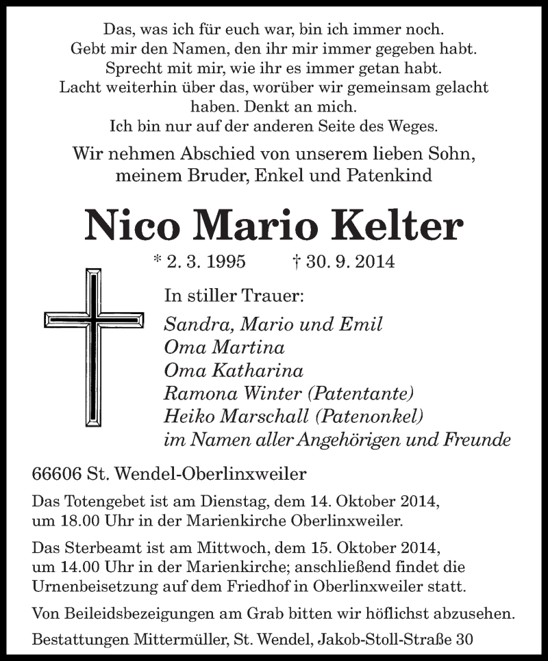  Traueranzeige für Nico Mario Kelter vom 11.10.2014 aus saarbruecker_zeitung