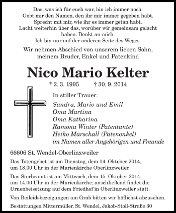 Traueranzeige von Nico Mario Kelter von saarbruecker_zeitung