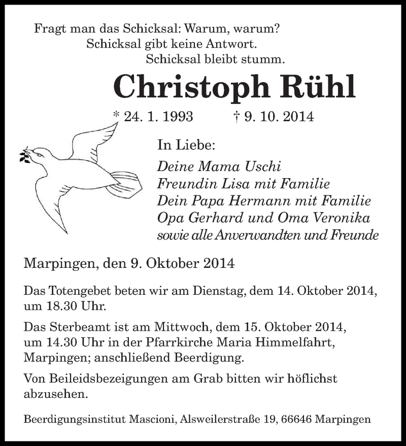  Traueranzeige für Christoph Rühl vom 13.10.2014 aus saarbruecker_zeitung