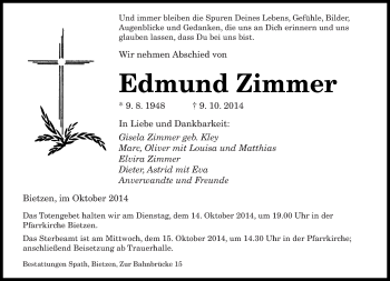 Traueranzeigen Von Edmund Zimmer Saarbruecker Zeitung Trauer De