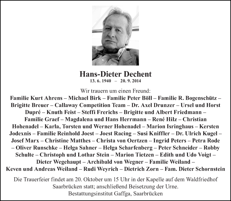  Traueranzeige für Hans-Dieter Dechent vom 15.10.2014 aus saarbruecker_zeitung