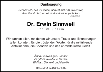 Traueranzeige von Erwin Sinnwell von saarbruecker_zeitung