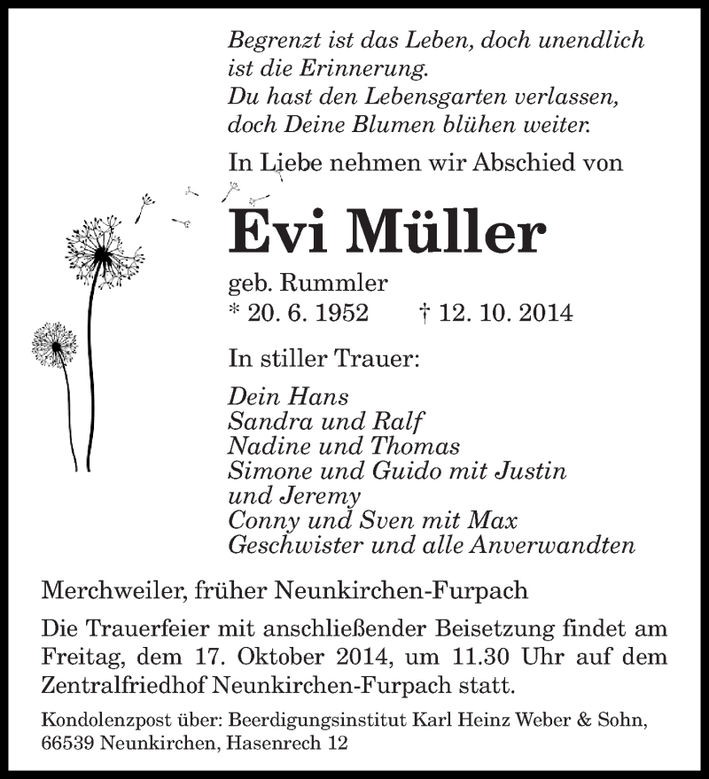  Traueranzeige für Evi Müller vom 15.10.2014 aus saarbruecker_zeitung