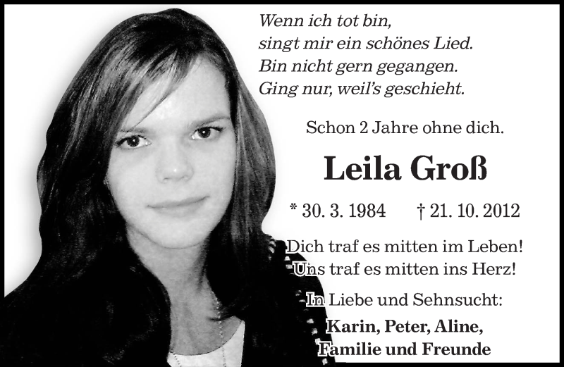  Traueranzeige für Leila Groß vom 21.10.2014 aus saarbruecker_zeitung