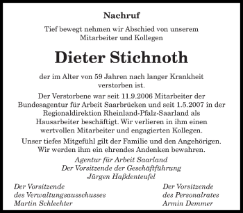 Traueranzeige von Dieter Stichnoth von saarbruecker_zeitung