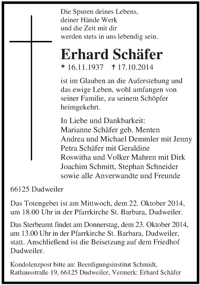  Traueranzeige für Erhard Schäfer vom 21.10.2014 aus saarbruecker_zeitung