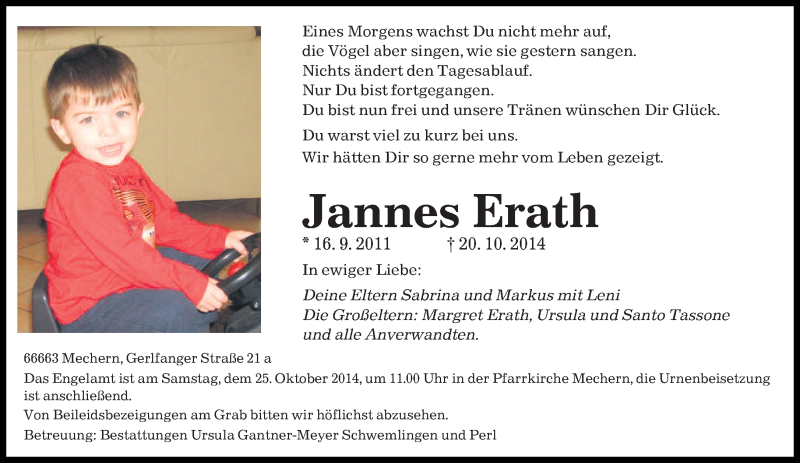  Traueranzeige für Jannes Erath vom 22.10.2014 aus saarbruecker_zeitung
