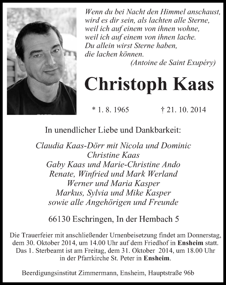  Traueranzeige für Christoph Kaas vom 25.10.2014 aus saarbruecker_zeitung