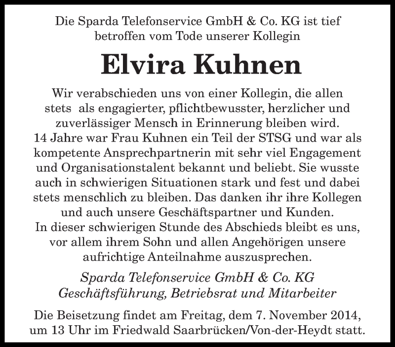  Traueranzeige für Elvira Kuhnen vom 25.10.2014 aus Saarbrücker Zeitung