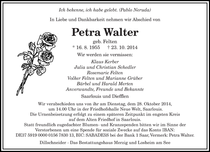  Traueranzeige für Petra Walter vom 25.10.2014 aus saarbruecker_zeitung