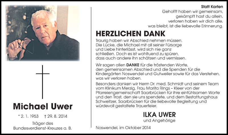  Traueranzeige für Michael Uwer vom 31.10.2014 aus saarbruecker_zeitung