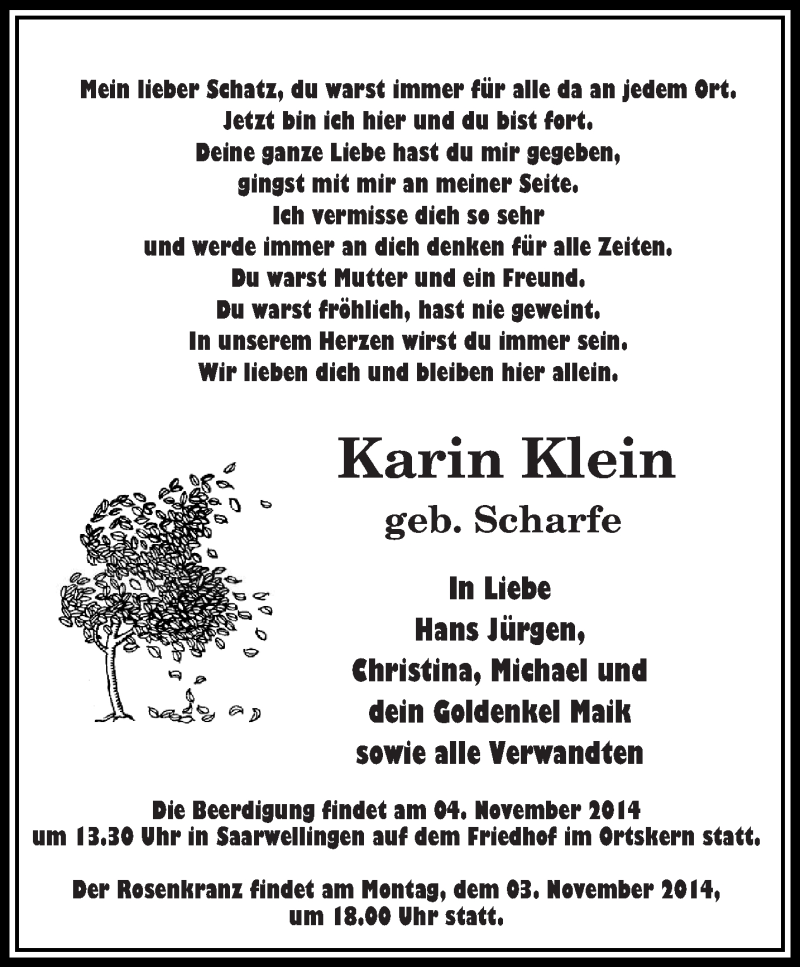  Traueranzeige für Karin Klein vom 31.10.2014 aus saarbruecker_zeitung