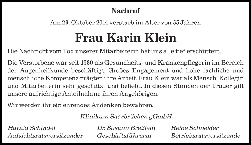  Traueranzeige für Karin Klein vom 31.10.2014 aus saarbruecker_zeitung