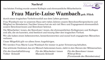 Traueranzeige von Marie-Luise Wambach von saarbruecker_zeitung