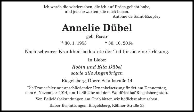  Traueranzeige für Annelie Dübel vom 31.10.2014 aus saarbruecker_zeitung